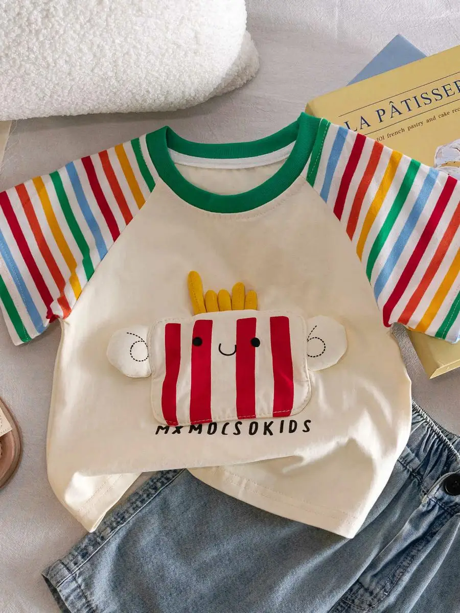 

Детская хлопковая футболка/топ для мальчиков, летняя одежда 2025, новая модель, с 3D-мультяшным принтом, корейская версия, для детей