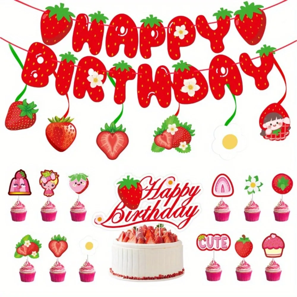 20Pcs (1 Banner + 1 Large Topper + 12 Small Toppers + 6 Swirls) Summer Strawberry Birthday Theme Set Party Decoration Birthday Banner Large and Small Toppers Swirls Suitable for Birthday Party Decoration