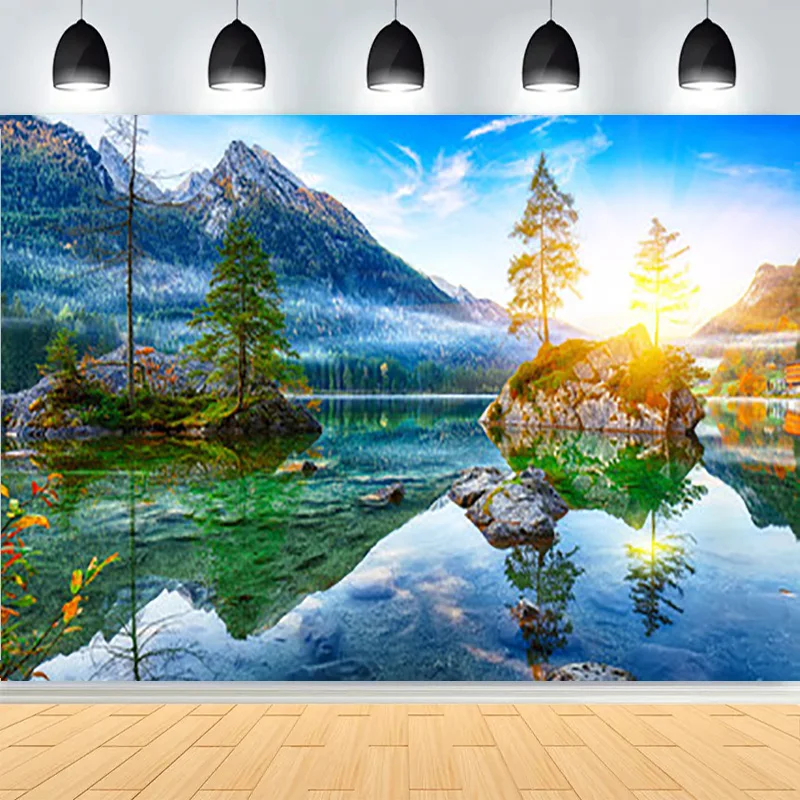 

Fantastic Autumn Natural Sunrise Photography Backdrop Mountain Lake Alpine Scenery Peaceful Party Decor Photo Background AR-01