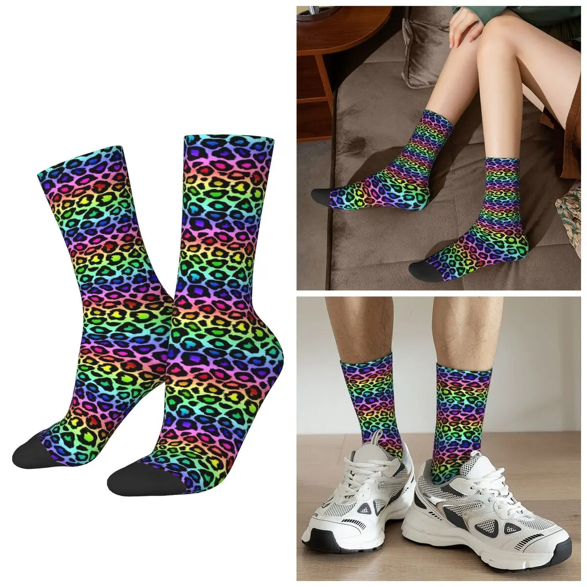 All Seasons Colofrul Rainbow Leopard Print Animal Skin Cheetah Socks Harajuku Crew Socks Fashion Stockings for Men Women