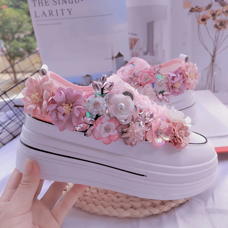 Canvas Shoes 5cm Platform Height Increasing Shoes Pink Satin Rhinestone Flowers Beautiful Sneakers Female Thick Sole Short Girls