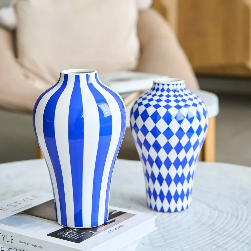 1Pcs Ceramic Vase Blue Geometric Quilted Pattern Polka Dots Flower Arrangement Accessories Ceramic