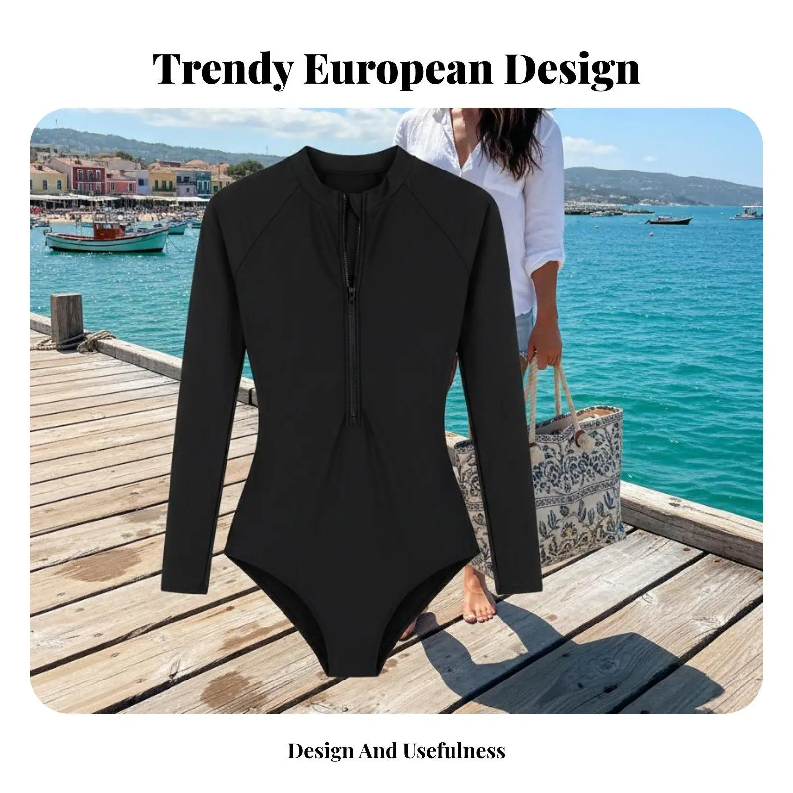 Zip Up Long Sleeve Swimsuit for Women Modest One Piece Surf Suit Rash Guard Swimwear