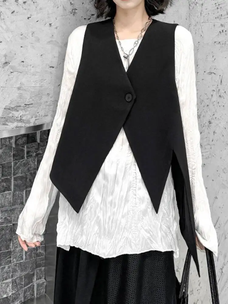 

Women Black Irregular Single Button Big Size Elegant Vest New V-collar Sleeveless Fashion Tide Spring Autumn