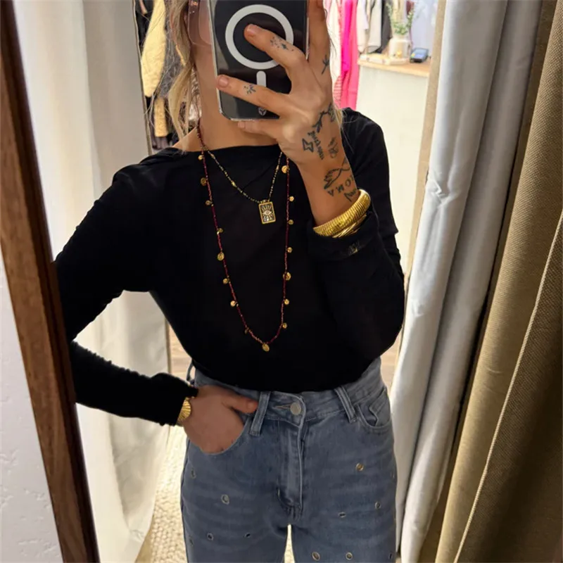 قميص نسائي أنيق مفتوح الظهر بأكمام طويلة بدون ظهر ورقبة قارب بلوزة للخروج ملابس Y2k بلوزة جمالية منخفضة الظهر