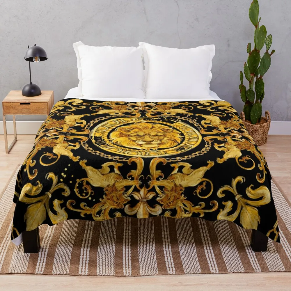 

golden lion and damask ornament. luxury design. gold lace watercolor hand drawn textile background. Throw Blanket