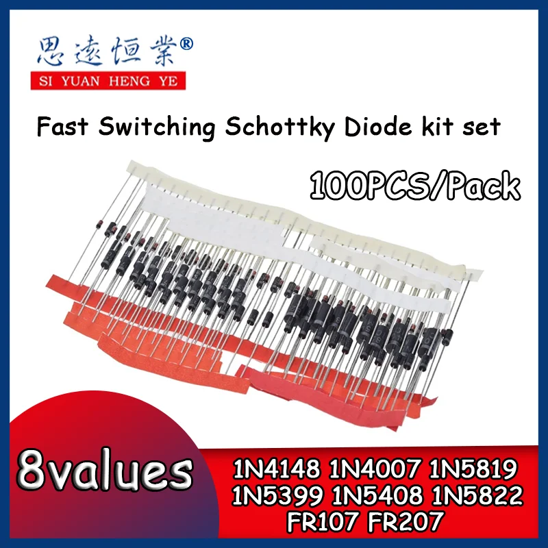 1pack Fast Switching Schottky Diode kit set 1N4148 1N4007 1N5819 1N5399 1N5408 1N5822 FR107 FR207,8values=100pcs,Electronic Comp