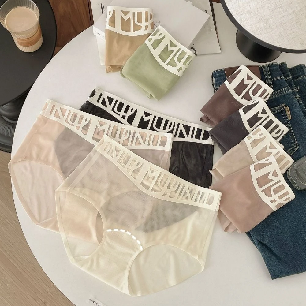 

Comfortable Chic Mesh Panties Patchwork Seamless Ice Silk Briefs Underpants Mid Waist Underwear for Women Summer