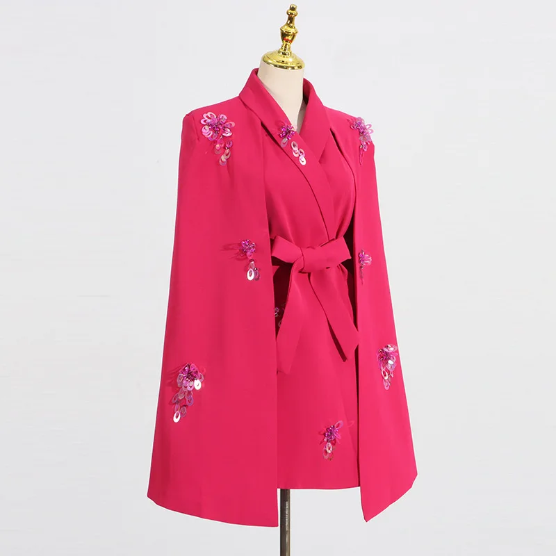 EAEOVNI Luxus Pailletten Gespleißt Design Frauen Jacke Schal Patchwork Gürtel Versammelt Taille Blazer Mantel 2025, Neue Kleidung 1A1015