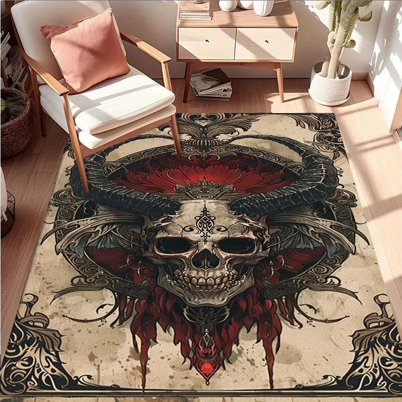 

Готический коврик с рогами черепа из красной ткани, темный нескользящий коврик для гостиной, спальни, загадочный декор