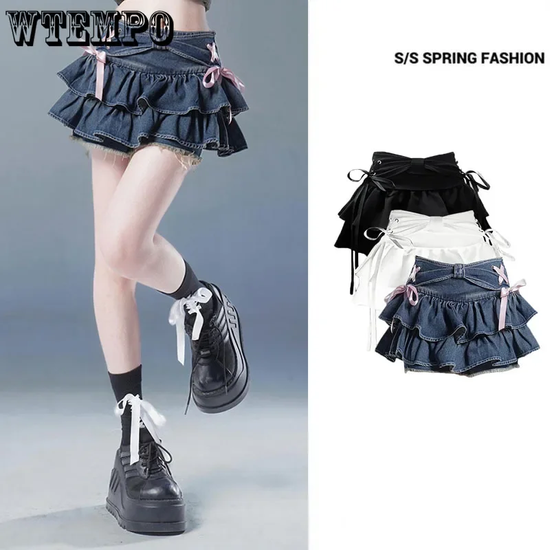 Fashion Hottie Pleated Skirt Double Fold Design Lace-up Bow Women's A-line Short Skirt Hotsweet American Y2k Korean Fashion