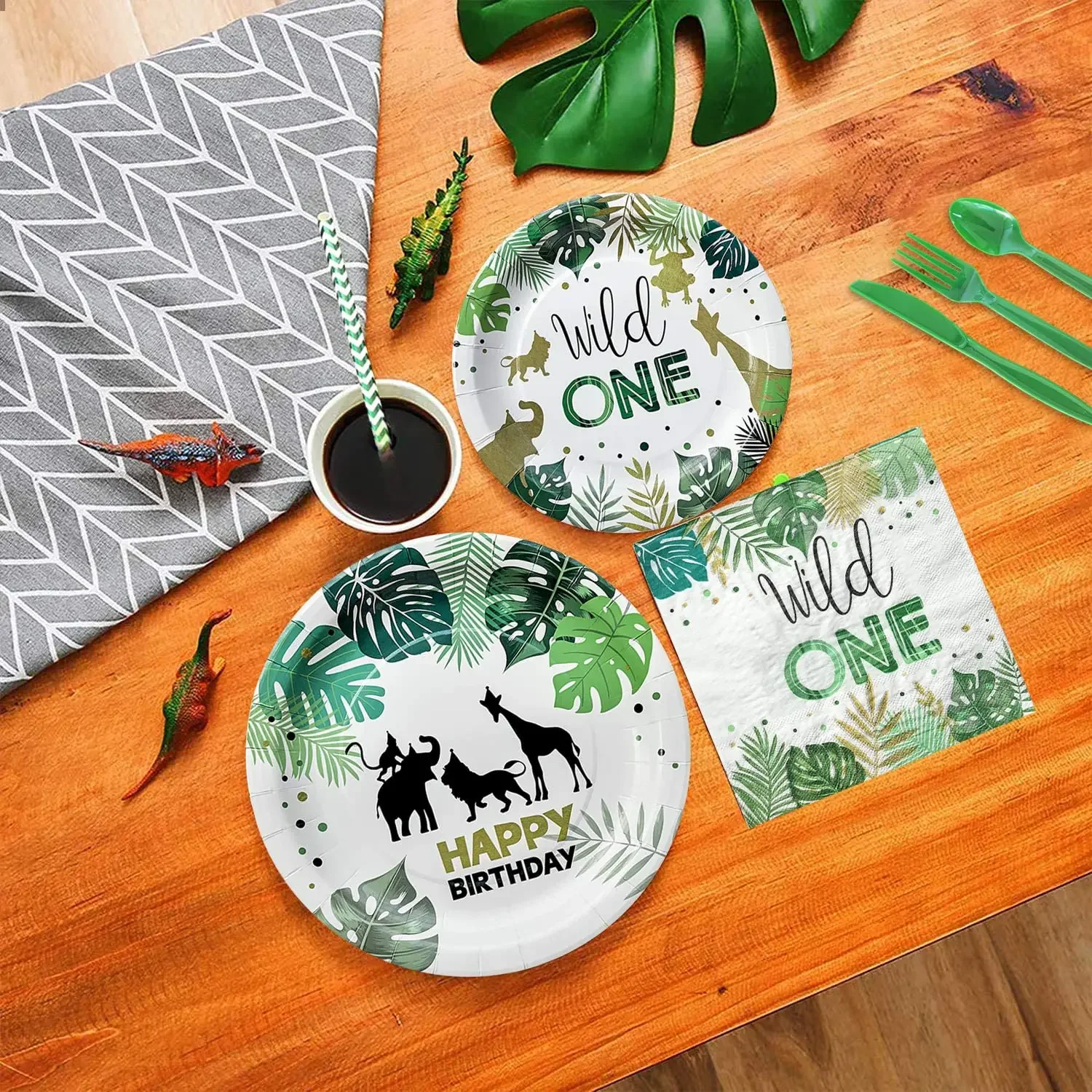 Wild One Birthday Decor Disposable Tableware Set Cups Plates Napkins Flags Cake Topper Balloons Jungle Theme Party Supplies