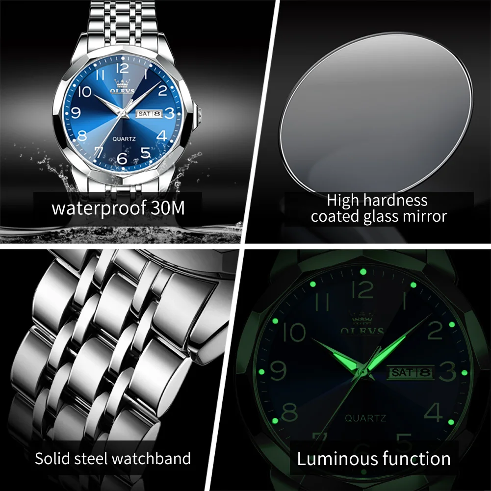 OLEVS Fashion Arab Digital Dial Unique Rhombus Mirror Quartz Men Watches Stainless Steel Waterproof Luminous Man Business Watch