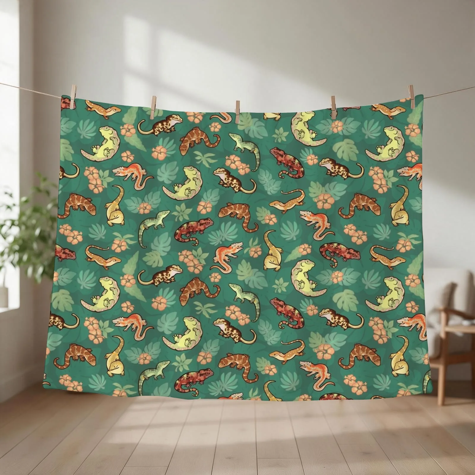 New Gecko family in green Throw Blanket couch cozy soft plush fuzzy picnic outdoor blanket