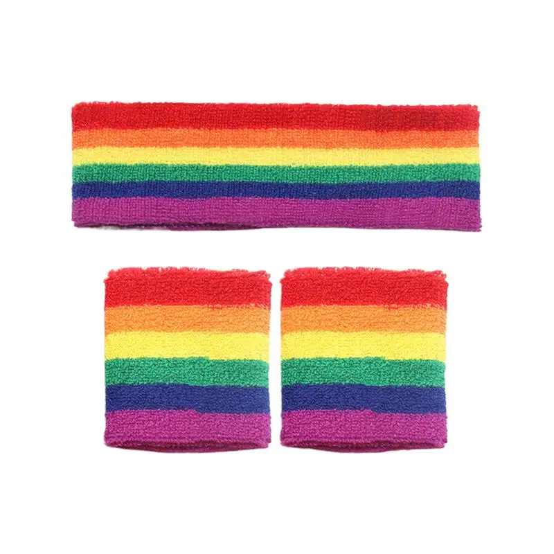 

Sweat Bands Headbands Rainbow Striped Wrist Bands Set Soccer Breathable Athletic Sweat Bands For Sports Gym LGBT Pride Parades