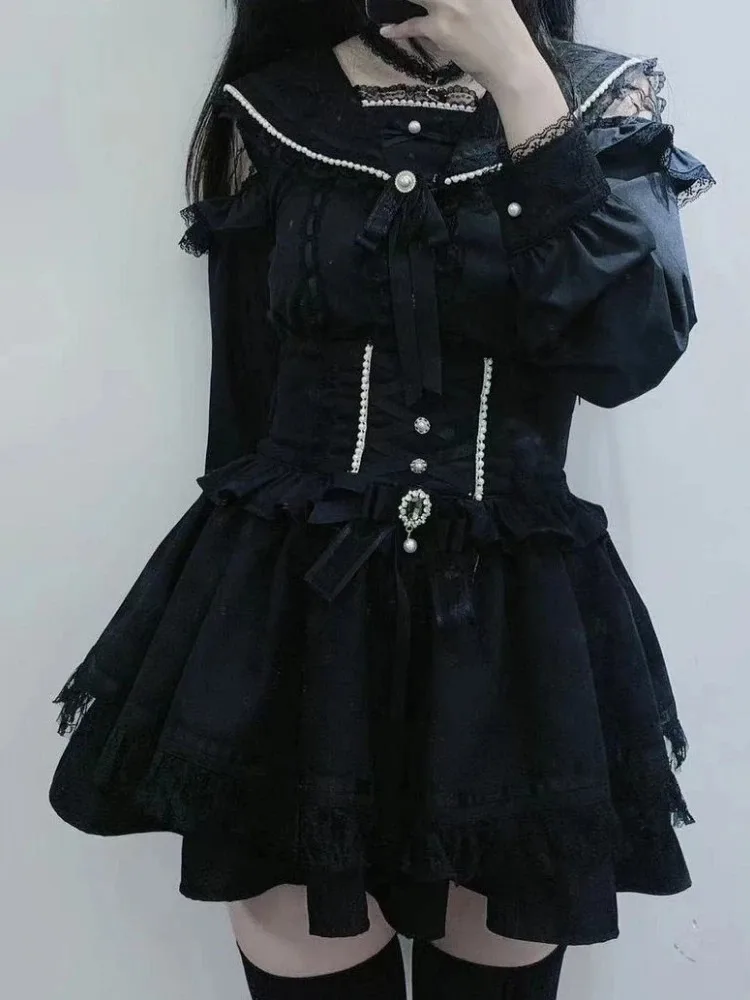 Kawaii لوليتا بلوزة المرأة بحار طوق قميص Y2k الجمالية الدانتيل المرقعة الجرونج القمم JK لطيف القوس زر Blusas اليابانية 2025