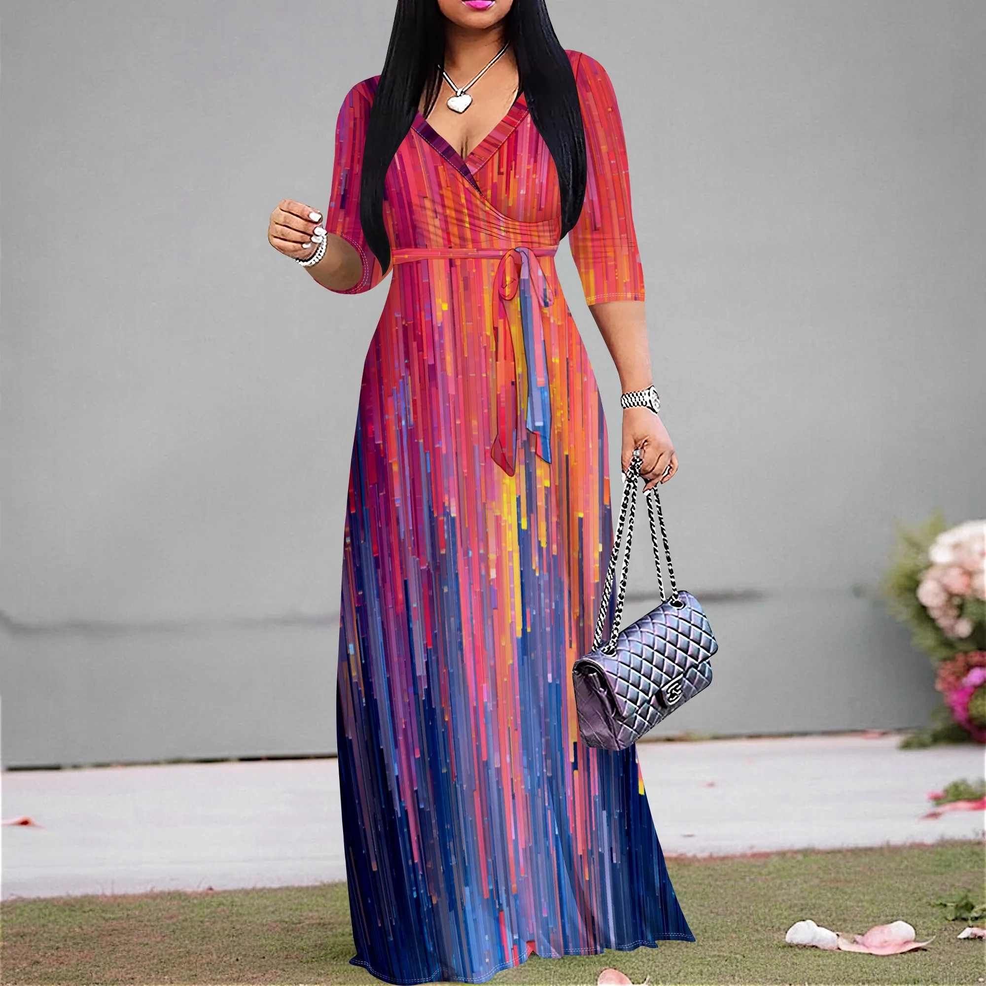 

Elegant Gradient Print Maxi Dress For Women Red Blue Vertical Stripe V Neck Belted Waist 3/4 Sleeve Outfit XS-3XL