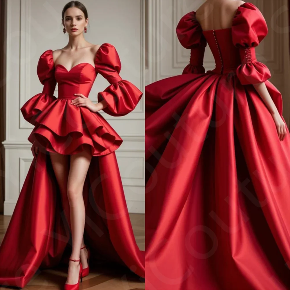 

Customized Charming Red Evening Dresses 2025 High Low Prom Gowns Sweetheart Puffy 3/4 Sleeves Wedding Party Dresses Back Out