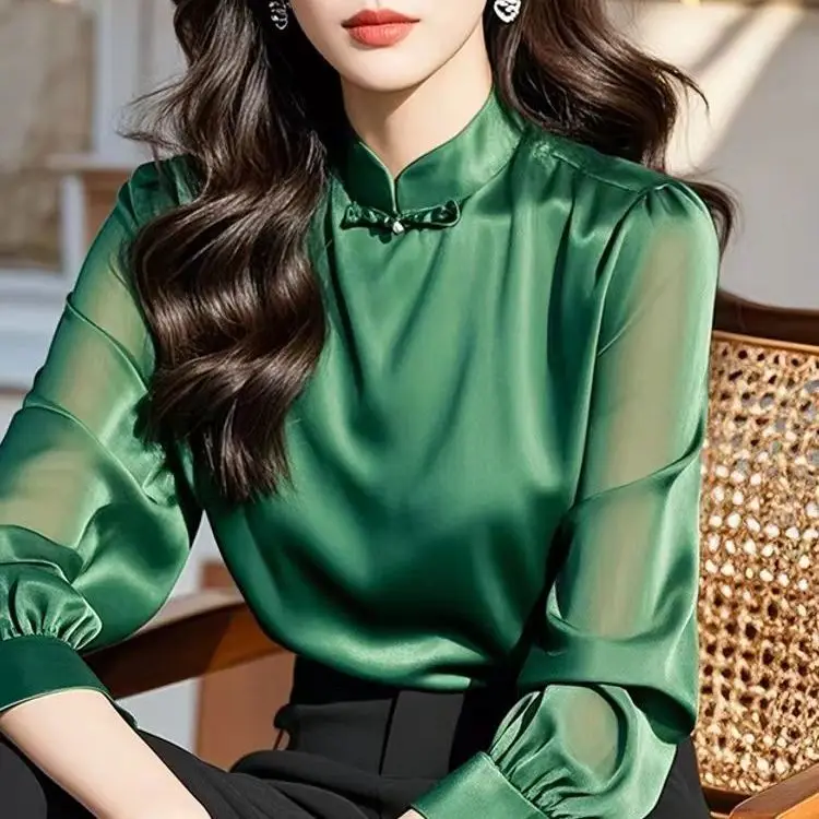 2025 Spring Chinese Style Green Shirt for Women New Chinese Style Long-sleeved Jacquard Top