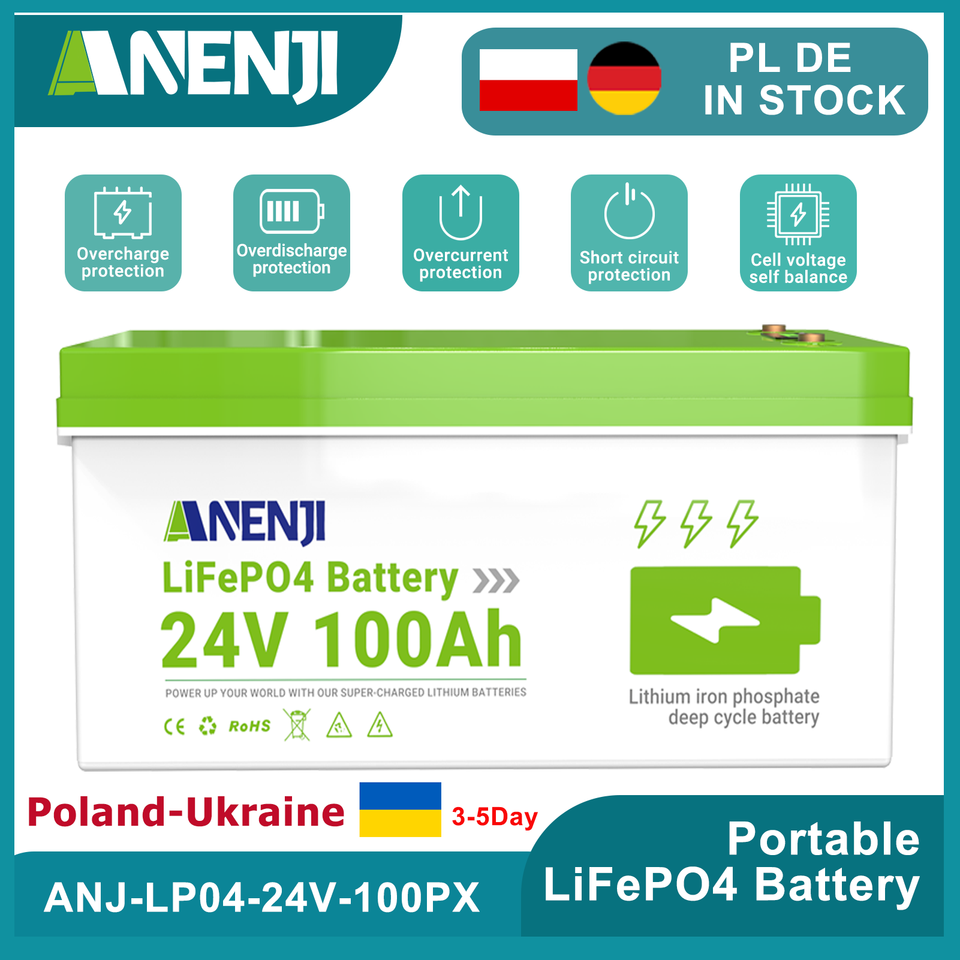  ANENJI 24V LiFePO4 Battery 100AH 12V 300AH Solar Phosphate Battery Portable Rechargeable Battery Built-in BMS Bluetooth 