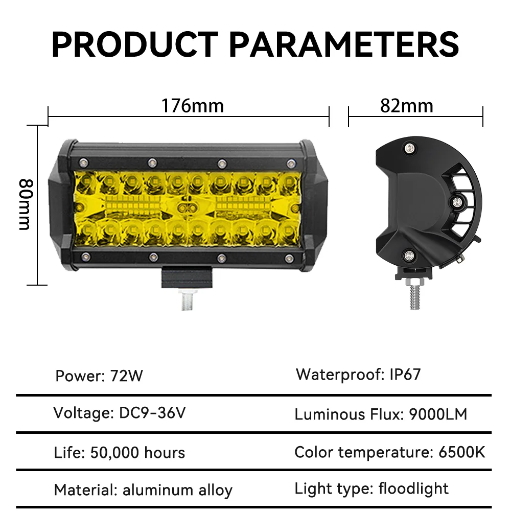 Yellow 72W 9000lm Led Work Light Bar Car Modified Lights LED Flood Lamp For Car Motorcycle SUV 4WD ATV Boat Bus LED Headlights