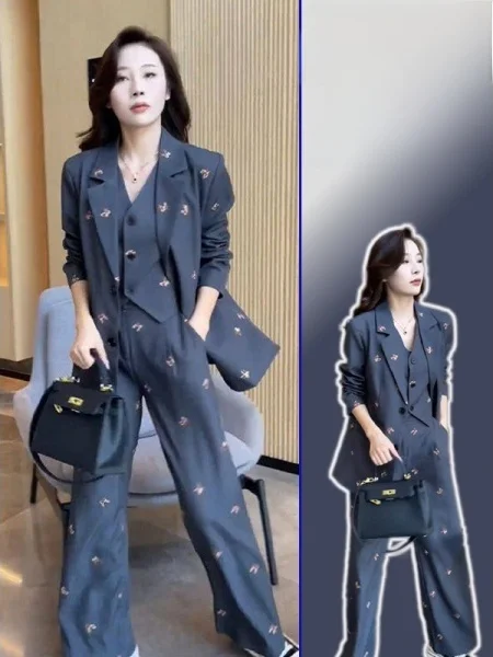 

plus Size Faionable Korean Sle Suit Jaet And Pants Tee Piece Set for Women Spring Office Wear Casual Loose Fit