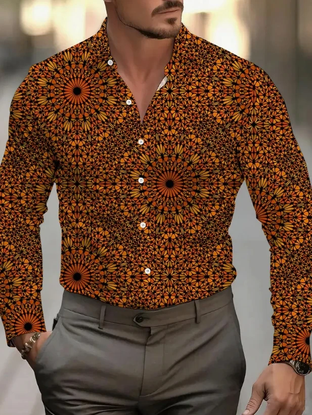 Men'S Plus Size Golf-Themed Long Sleeve Shirt - Vibrant Orange Pumpkin , Stylish Green Button-Up with Black Pants,