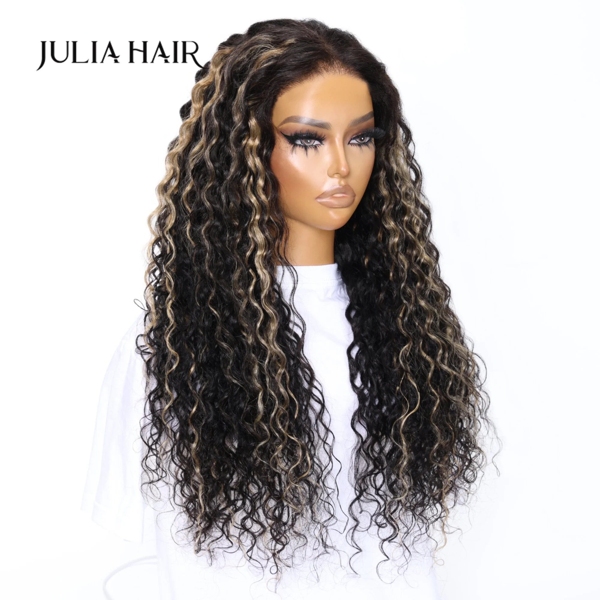 Julia Hair Wear Go Pre Cut 6x4.75 Lace Black With Blonde Highlights Bouncy Water Wave TN27 Glueless With Breathable Cap Air Wig