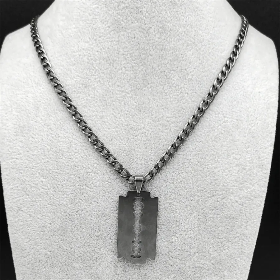Stainless Steel Razor Blade Long Necklace for Men Women Black Color Punk Gothic Steampunk Grunge Hip Hop Necklaces Jewelry 913
