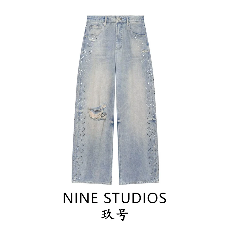 High Waist Wide Leg Jeans Women's Ripped Denim Pants Rivet Decoration Casual Straight Leg Trousers for Ladies Non-Stretch