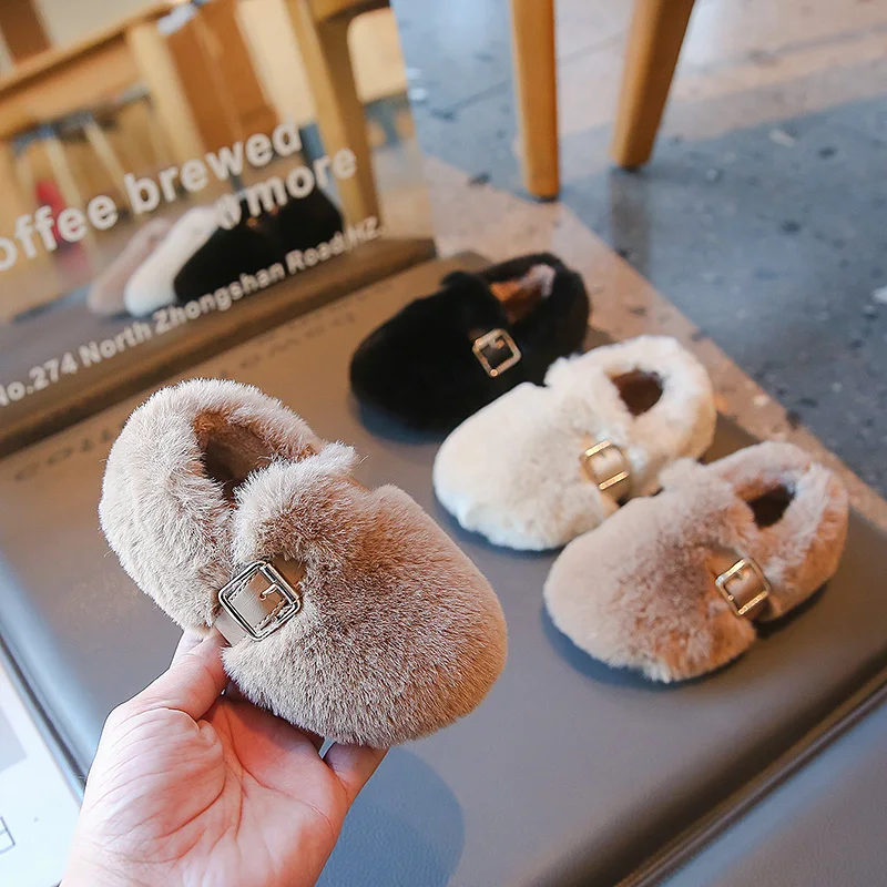

Winter Children Flat Shoes Fluffy Buckle Round Toe Kids Snow Boots Leisure Kids Loafers Warm Hook-loop Colors Boys Girls Shoe