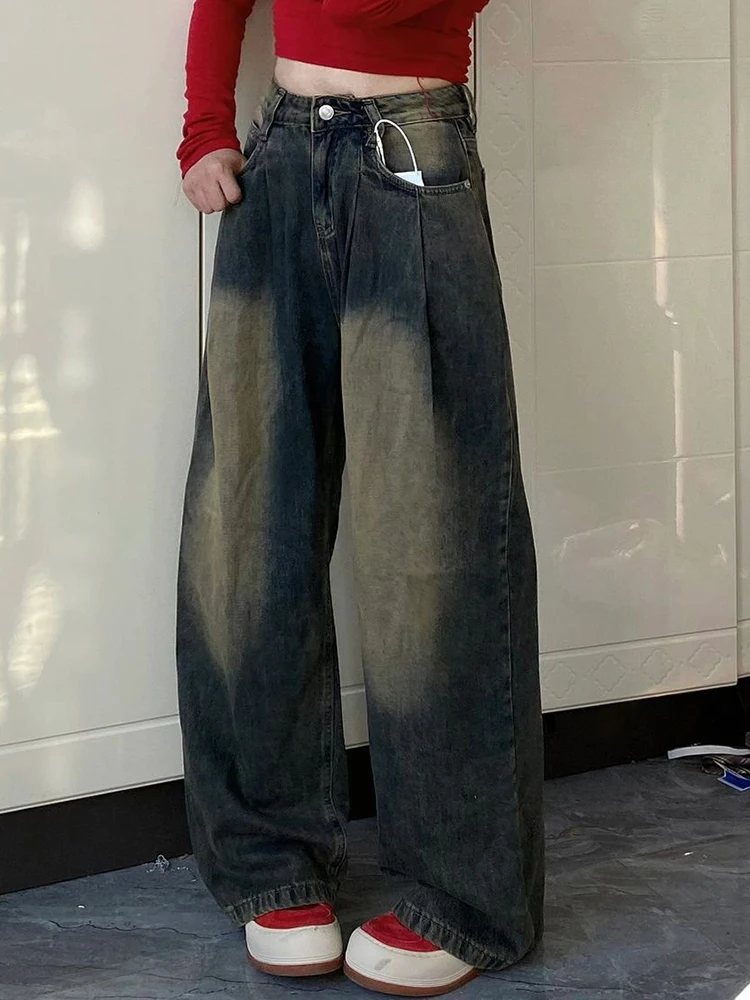 

Retro Waed Wide Leg Jeans plus Size Women's Straight Cut Loose Slimming Denim Pants Casual High Waist Cotton Blend