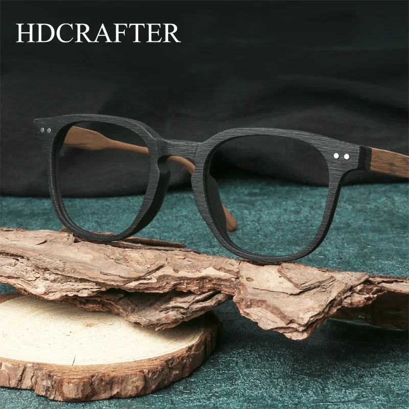 HDCRAFTER Vintage Optical Myopia Eye Glasses Frame Wood Square Prescription Eyeglasses Frame with Clear Lens Men Women Eyewear