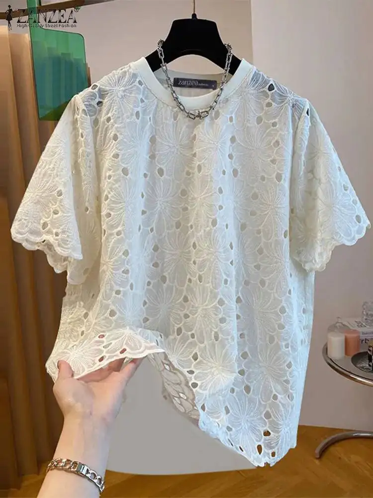 2024 ZANZEA Fashion Summer Lace Patchwork Blouse Women Hollow Out Tops Solid Loose Holdiay Shirt Elegant Puff Sleeve Work Blusas