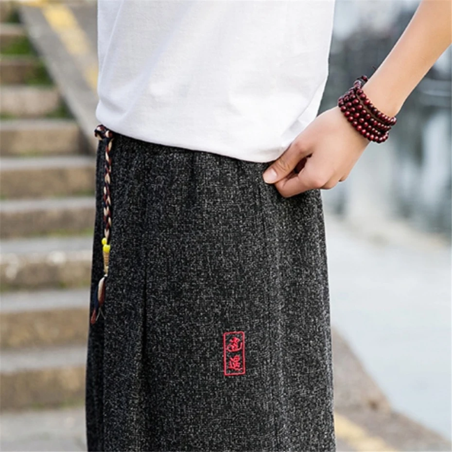 Large Size Embroidery Harem Pant Mens Summer Thin Ice Silk Casual Trousers Men Harajuku Vintage Baggy Calf Length Pants Male