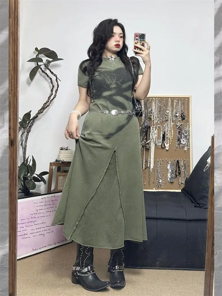 プラスサイズ ヴィンテージ グリーン 花柄ワンピース / レディース 夏新作 スリムウエスト ロングTシャツ / エレガント カジュアル ボヘミアン マキシ丈ワンピース y2k 韓国ファッション