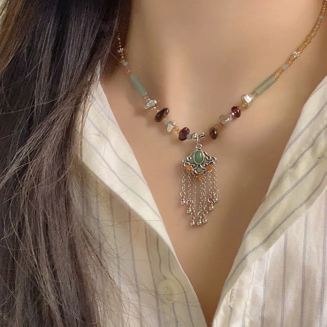 New Chinese Ruyi Lock Tassel Women's Vintage National Fashion Ethnic Style Necklace Trendy Sense Clavicle Chain