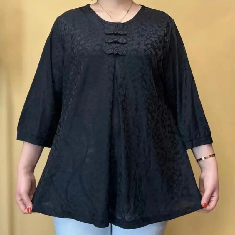 2024 New Summer Oversized Elegant Fashion Loose Casual Office Lady T-shirts for Women Print O Neck 3/4 Sleeve Chiffon Chic Tops