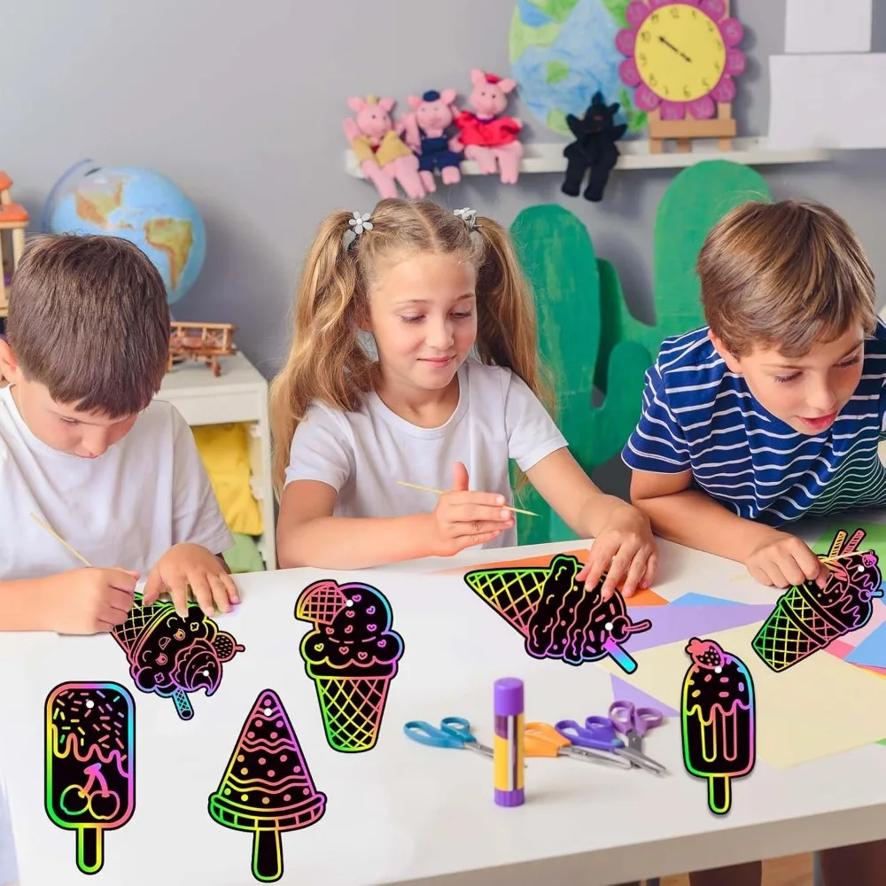 48 pieces of ice cream scratch cards, magical Rainbow summer dessert scratch cards, fun for children