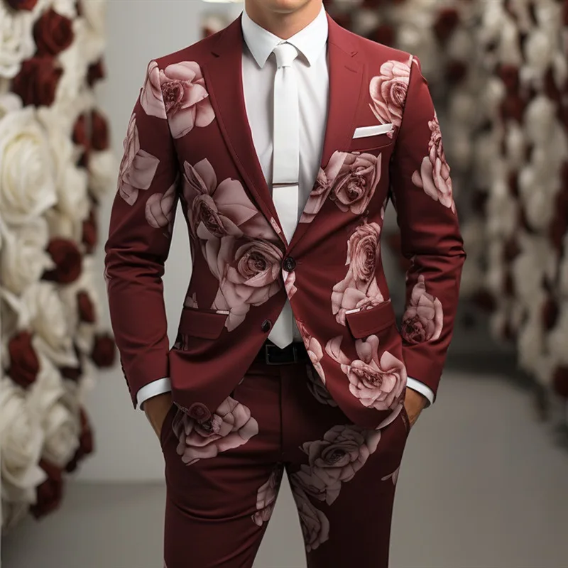 Chic Printed Suit For Men Fashion Prom Dazzling Performance Outfits Birthday Party Male Classic 3D Style Blazer Pants 2 Pieces