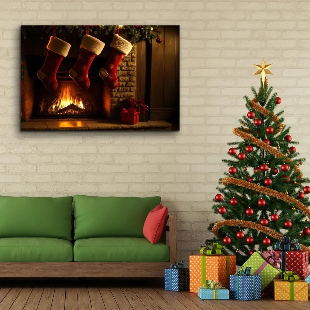 Christmas Socks Canvas Wall Art Decorations Christmas Gift Poster Picture Winter Wall Decor Canvas Print,Framed for Living Room