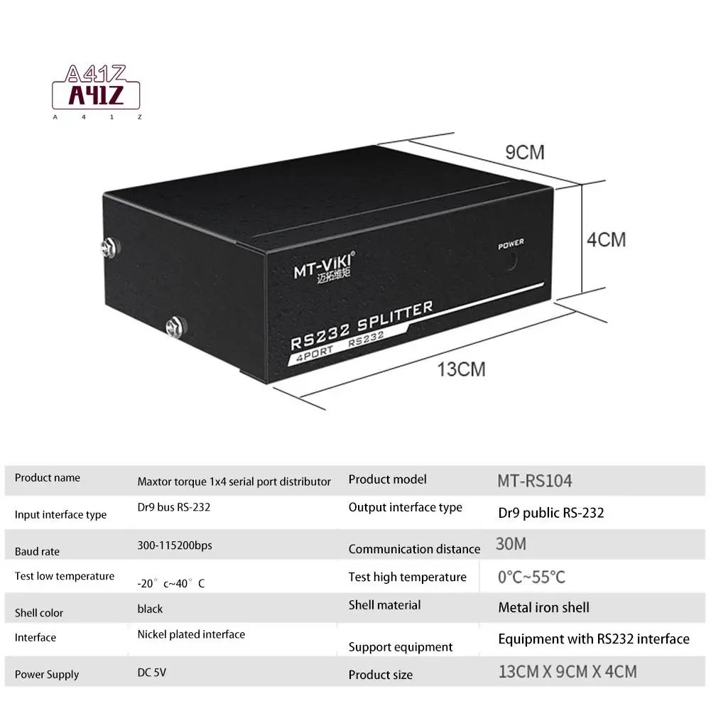 

A41Z-MT-RS104 Активный последовательный разветвитель RS232 от 1 до 4, двунаправленный переключатель RS232, разветвитель 4 на 1 с адаптером питания