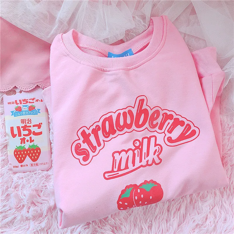 S-3XL Harajuku Kawaii Sweatshirt Strawberry Pink Sweatshirts Spring Kpop Korean Style Fleece Women Cute Top Outwear for Girls