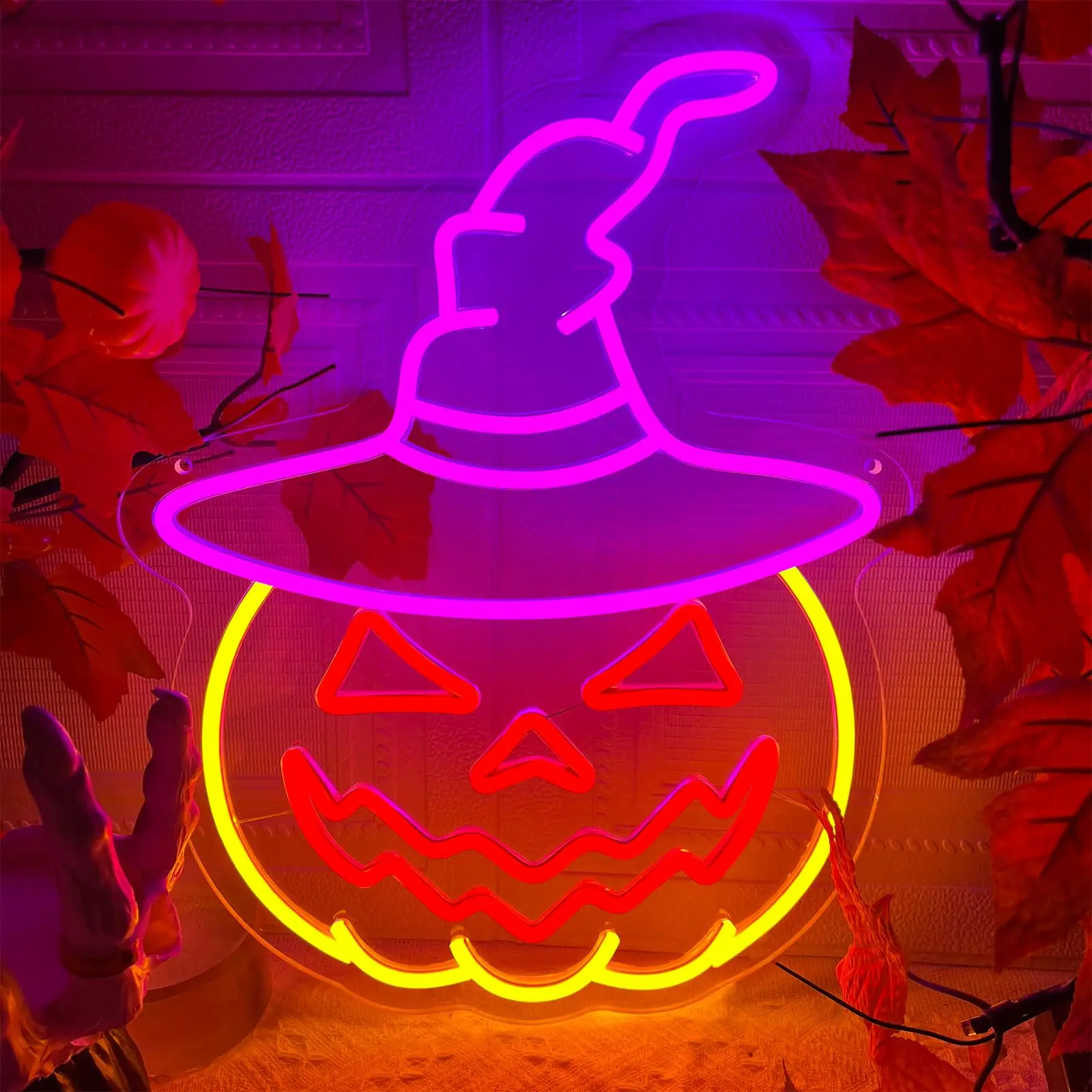 Insegna al neon di Halloween Cappello da strega Zucca Alimentazione USB con interruttore dimmerabile Zucca per portico Bar Finestra Camera da letto Sfondo festa