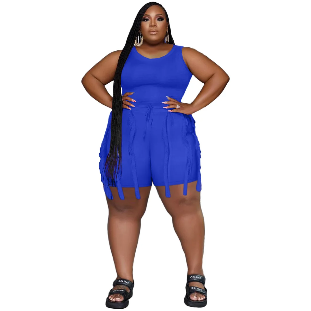 Plus Size kobiety modny dwuczęściowy zestaw body z dzianiny Top szorty z frędzlami casualowe w stylu Streetwear damski dres 2023 odzież wiosenna