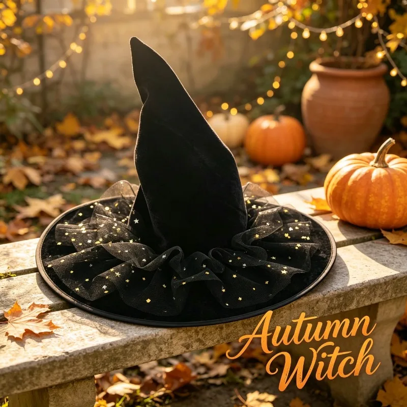 Halloween Folding Witch Hat Strap Starry Moon Spider Bat Decoration Theme Party Dress Up Costume Headwear