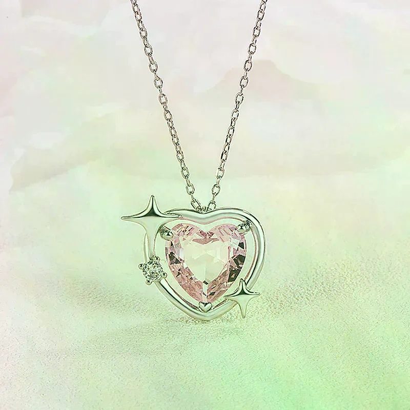 Korean Style Fashion Vintage Hollow Pink Crystal Heart Pendant Silver Color Neck Chain Necklace For Women Wedding Jewelry
