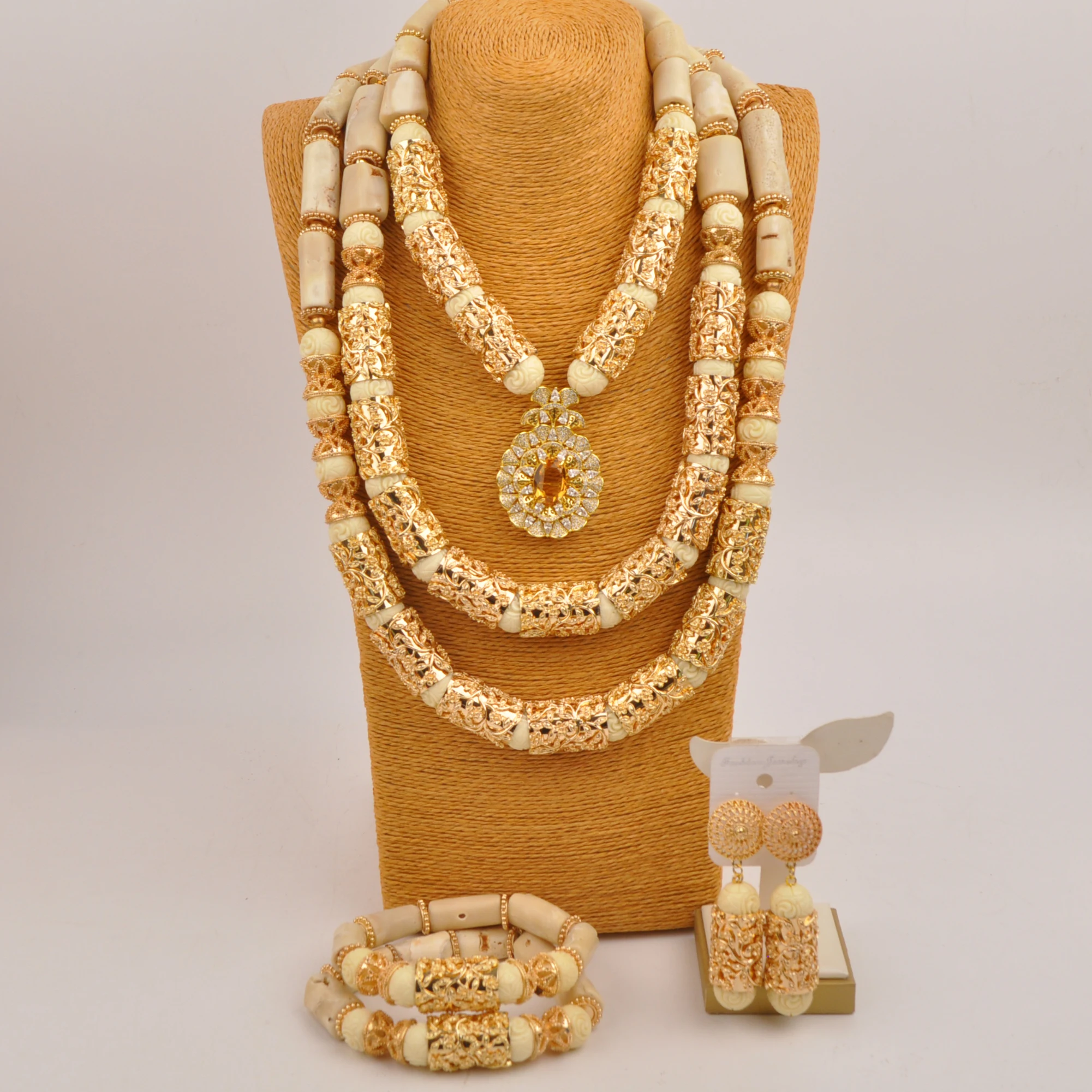 

Fashion African Jewelry Set Nigerian Coral Bead Necklace Dubai Gold Bridal Jewelry Sets