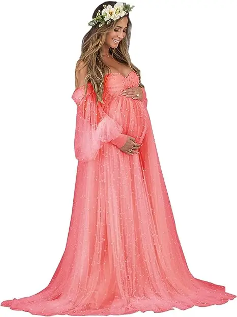 Parel tule zwangerschapsjurk voor fotoshoot lange gezwollen mouw off-shoulder babyshower bruids zwangerschapsjurken