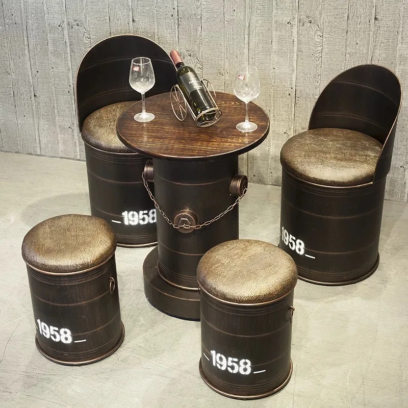 Conjunto de muebles de barra de café Industrial Retro personalizado, diseño creativo de tambor de aceite de hierro, mesa, silla, combinación de ocio comercial